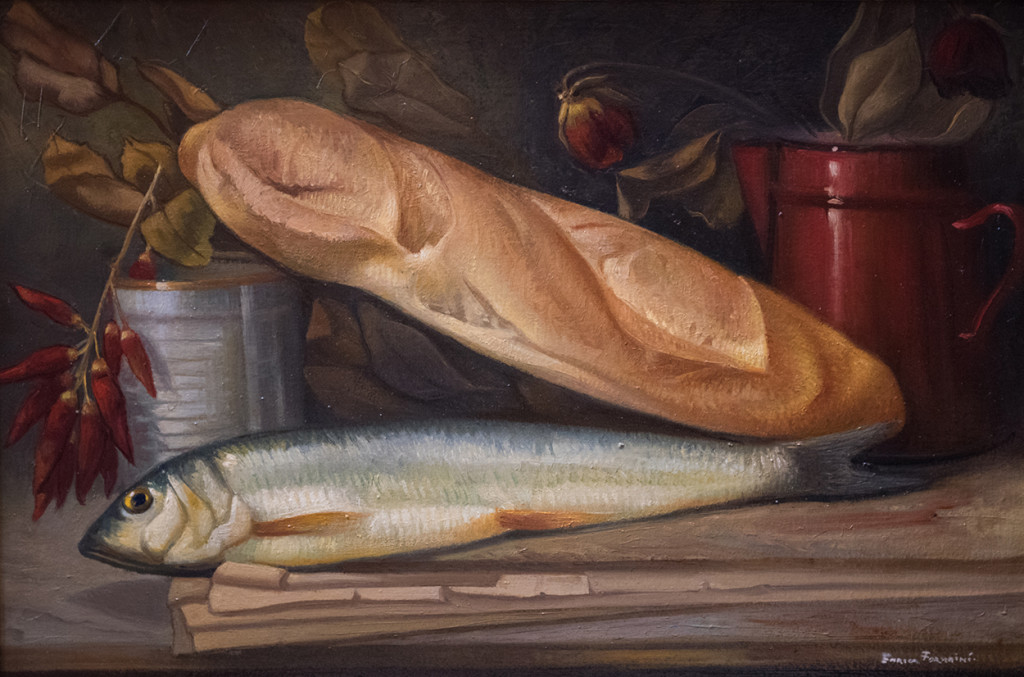Enrico Fornaini, Natura morta con pane e salacchino, 2015, olio su tela